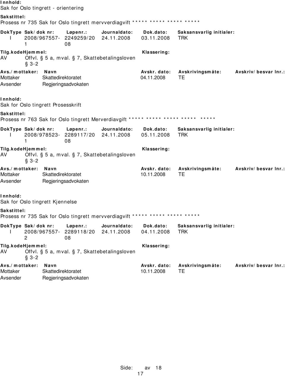 2008 TE Avsender Regjeringsadvokaten Sak for Oslo tingrett Prosesskrift Prosess nr 763 Sak for Oslo tingrett Merverdiavgift ***** ***** ***** ***** ***** I 2008/978523-2289117/20 24.11.2008 05.11.2008 TRK AV Offvl.