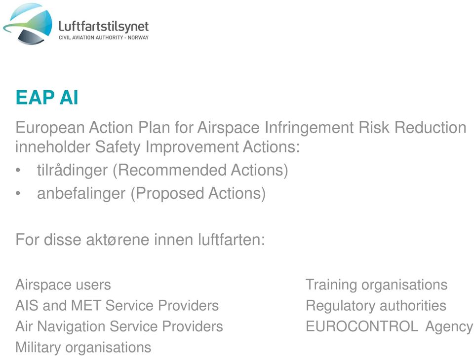 disse aktørene innen luftfarten: Airspace users AIS and MET Service Providers Air Navigation