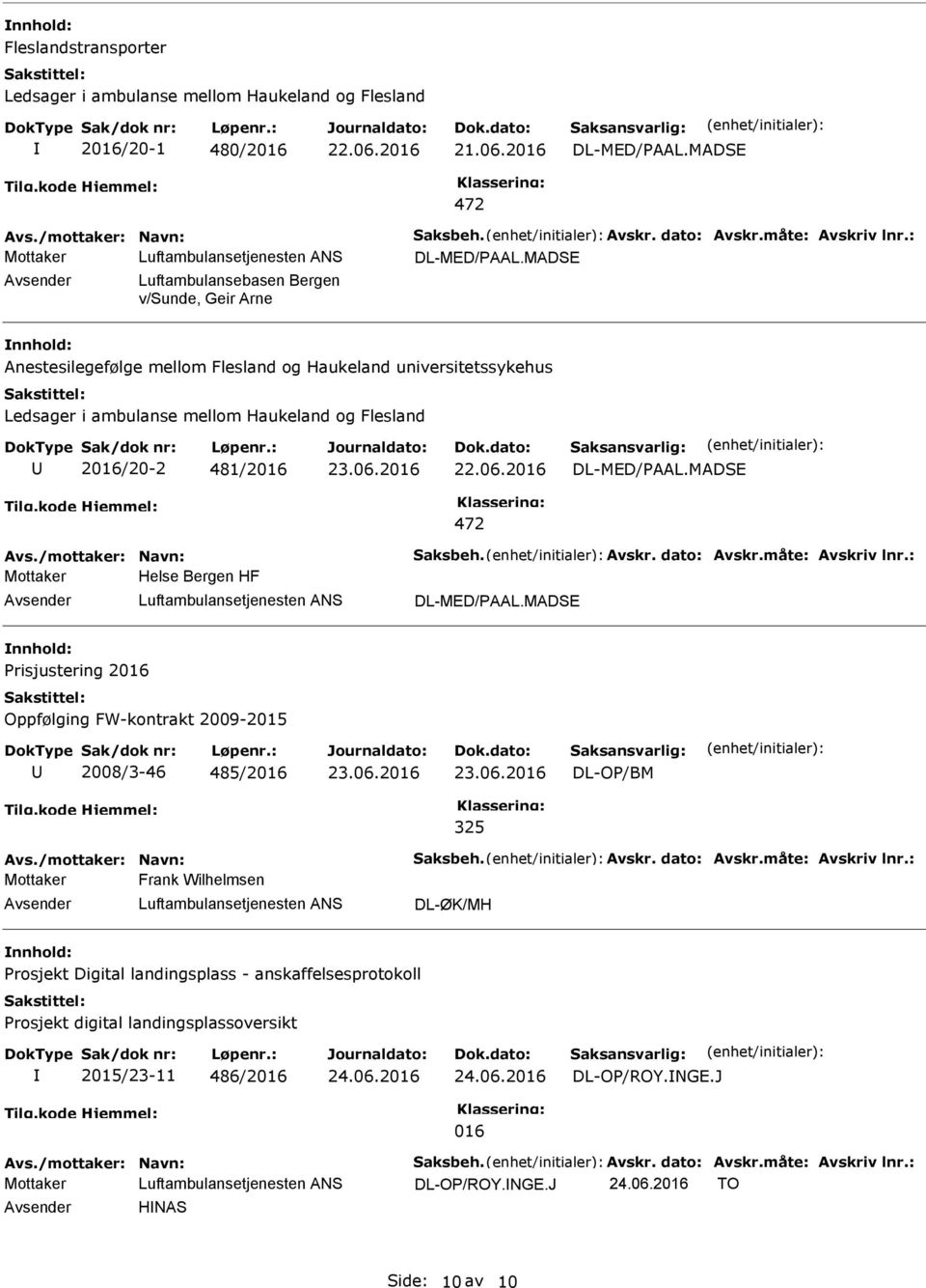 MADSE Luftambulansebasen Bergen v/sunde, Geir Arne Anestesilegefølge mellom Flesland og Haukeland universitetssykehus Ledsager i ambulanse mellom Haukeland og Flesland 2/20-2 481/2 23.06.