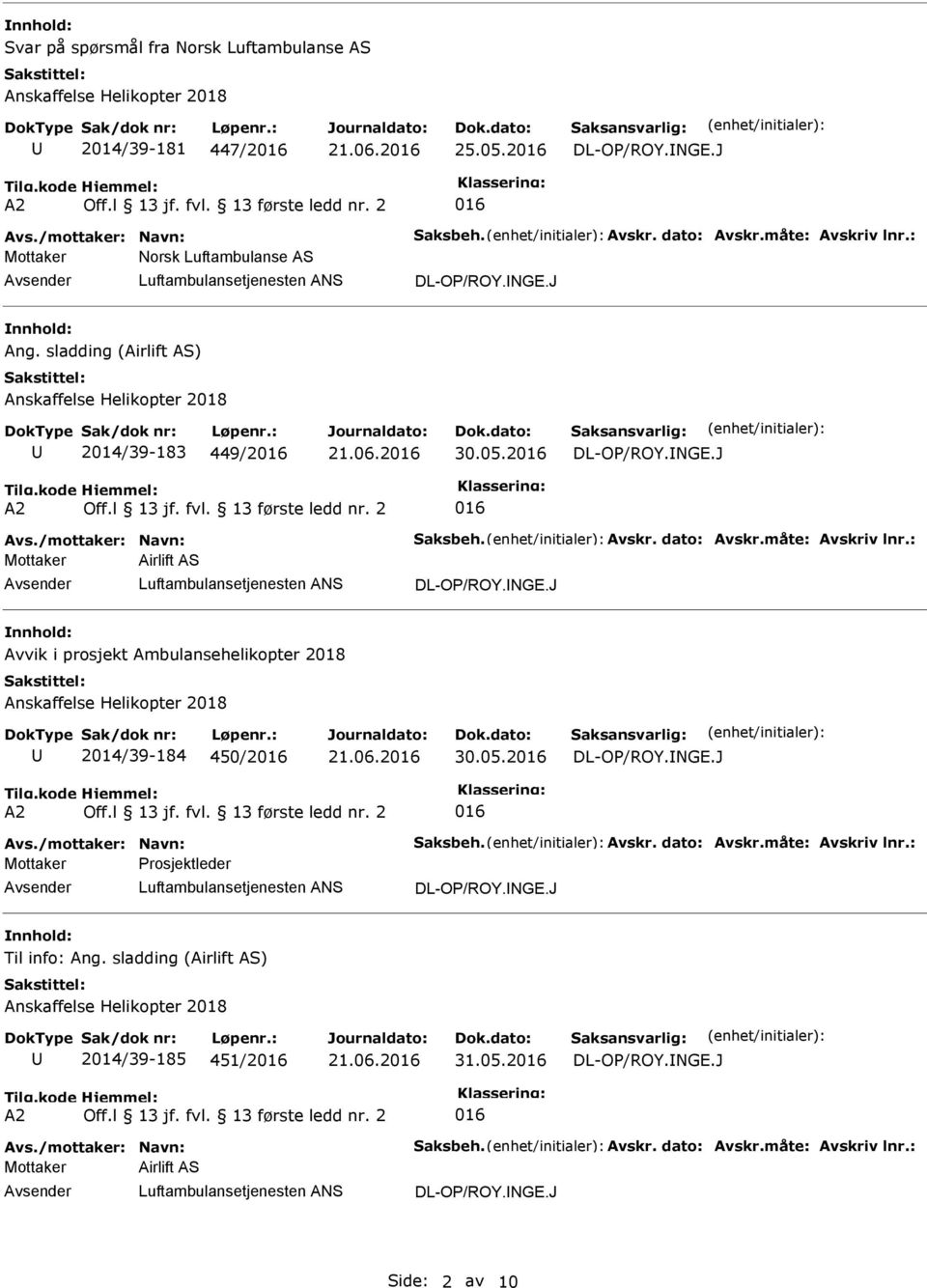 : Mottaker Airlift AS Avvik i prosjekt Ambulansehelikopter 2018 2014/39-184 450/2 30.05.2 Avs./mottaker: Navn: Saksbeh. Avskr. dato: Avskr.måte: Avskriv lnr.