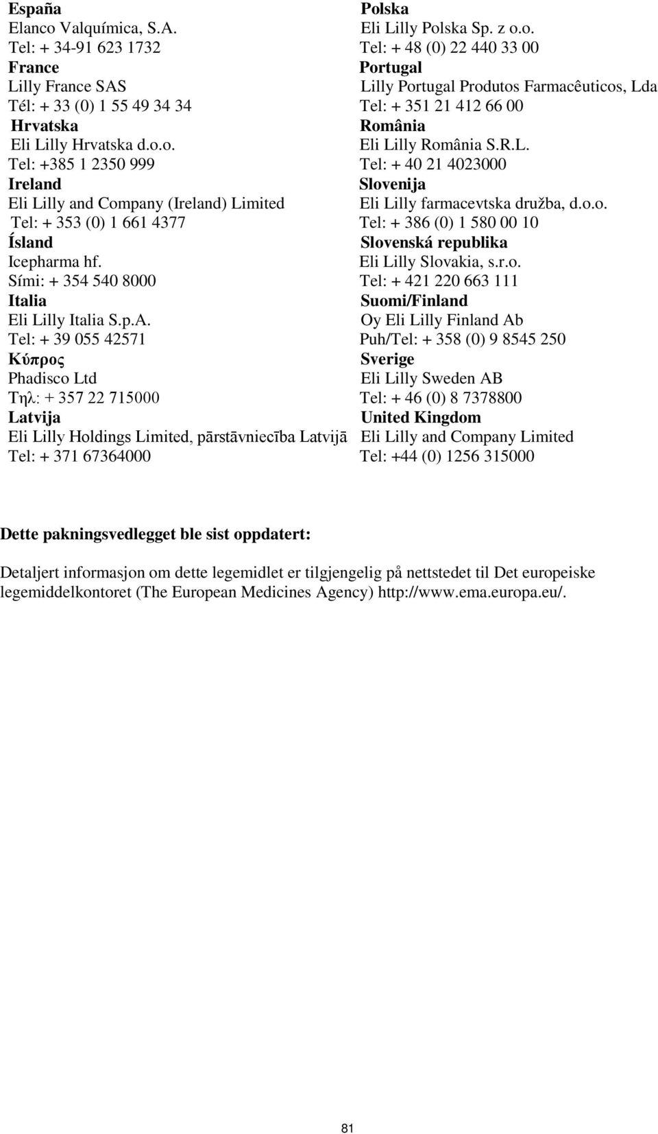 Tel: + 39 055 42571 Κύπρος Phadisco Ltd Τηλ: + 357 22 715000 Latvija Eli Lilly Holdings Limited, pārstāvniecība Latvijā Tel: + 371 67364000 Polska Eli Lilly Polska Sp. z o.o. Tel: + 48 (0) 22 440 33 00 Portugal Lilly Portugal Produtos Farmacêuticos, Lda Tel: + 351 21 412 66 00 România Eli Lilly România S.