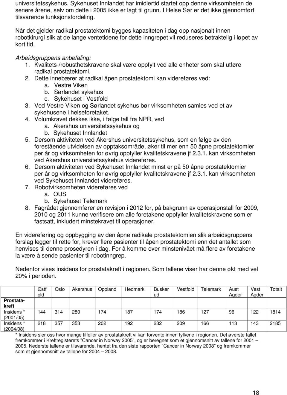 Når det gjelder radikal prostatektomi bygges kapasiteten i dag opp nasjonalt innen robotkirurgi slik at de lange ventetidene for dette inngrepet vil reduseres betraktelig i løpet av kort tid.