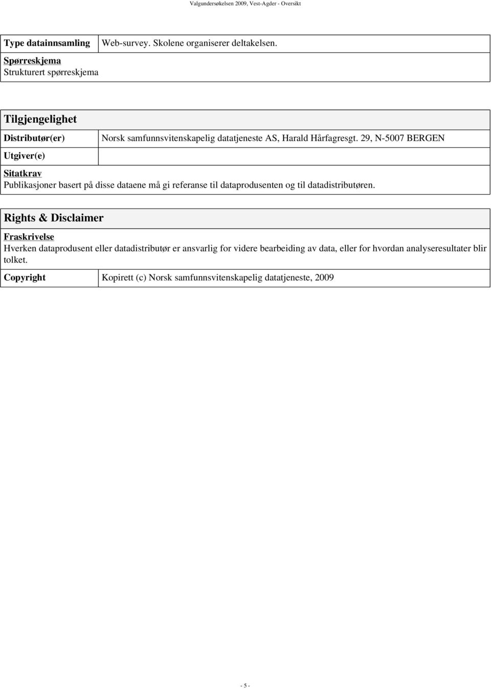 29, N-5007 BERGEN Sitatkrav Publikasjoner basert på disse dataene må gi referanse til dataprodusenten og til datadistributøren.