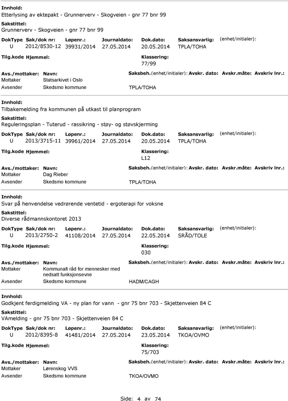 : Mottaker Statsarkivet i Oslo TPL/TOH Tilbakemelding fra kommunen på utkast til planprogram Reguleringsplan - Tuterud - rassikring - støy- og støvskjerming 2013/3715-11 39961/2014 20.05.