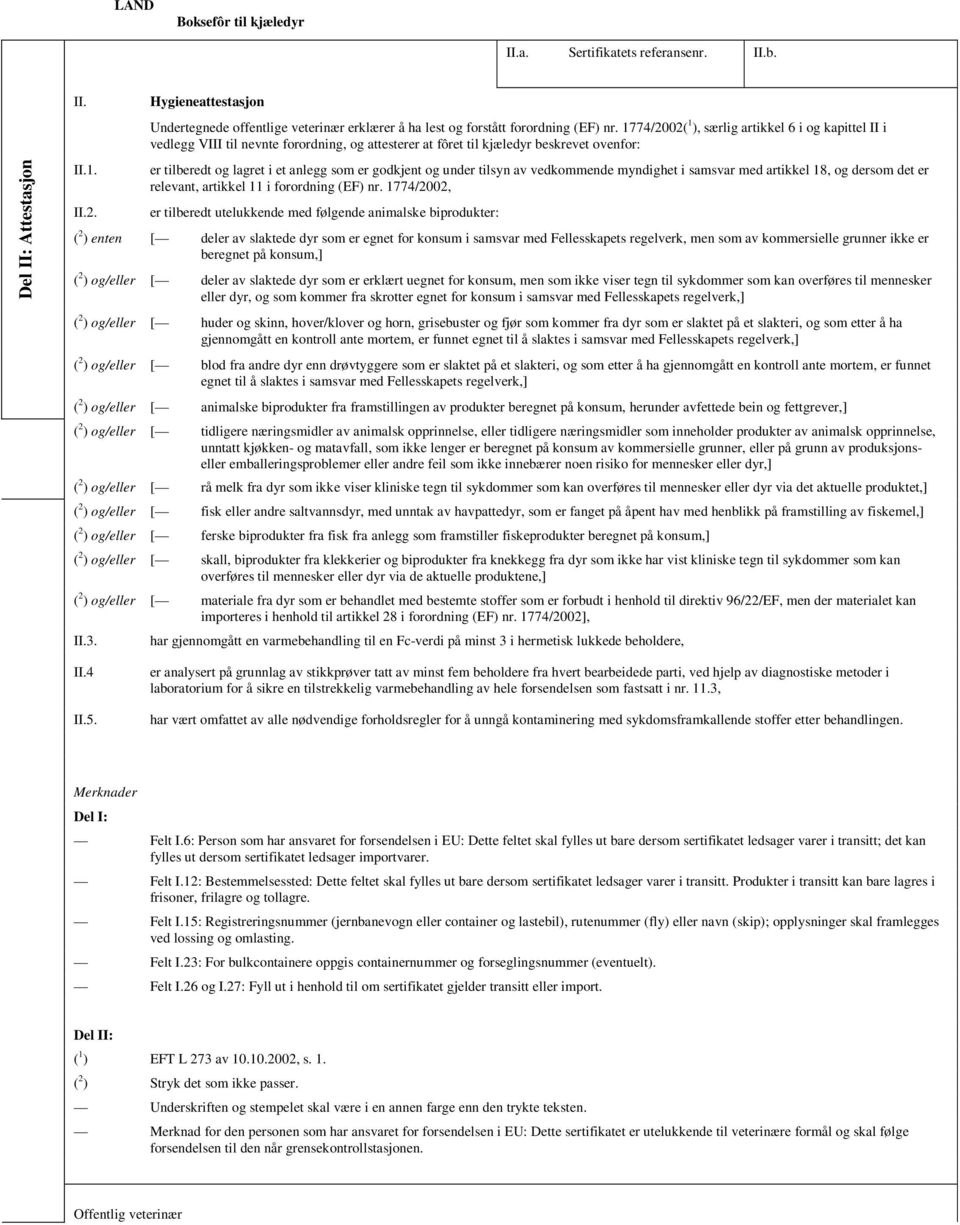 1774/2002( 1 ), særlig artikkel 6 i og kapittel II i vedlegg VIII til nevnte forordning, og attesterer at fôret til kjæledyr beskrevet ovenfor: er tilberedt og lagret i et anlegg som er godkjent og