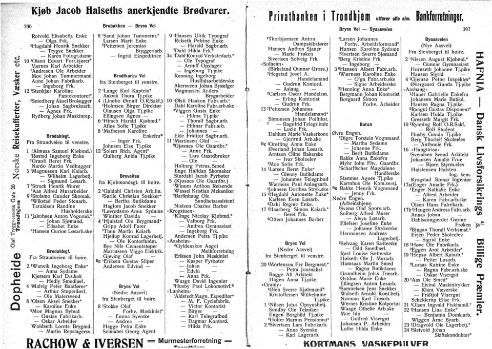 Rydberg Jhan Maskinrep. Brdahlsgt. Fra Strandveien til venstre. I (Almaas Satnuel Kjøbmd.) 'Røstad Ingebrg Enke Græsli Beret Frk. Nard Martin Vedhugger 5 'Magnussen Karl Kaiarb. Wilhelm Lagerbetj.