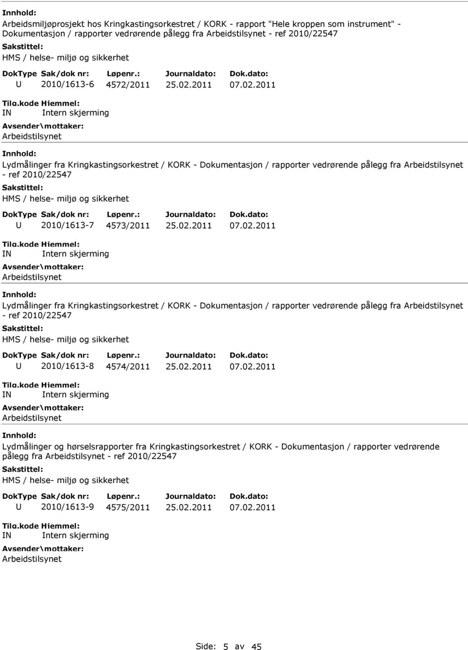 2011 Lydmålinger fra Kringkastingsorkestret / KORK - Dokumentasjon / rapporter vedrørende pålegg fra Arbeidstilsynet - ref 2010/22547 HMS / helse- miljø og sikkerhet N 2010/1613-7 4573/2011 ntern