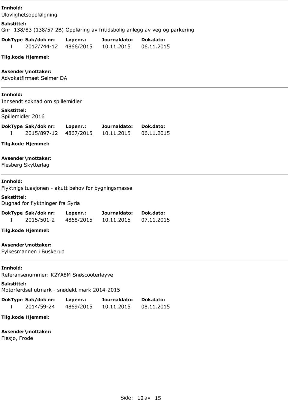 2015 Flesberg Skytterlag Flyktnigsituasjonen - akutt behov for bygningsmasse Dugnad for flyktninger fra Syria 2015/501-2 4868/2015 07.