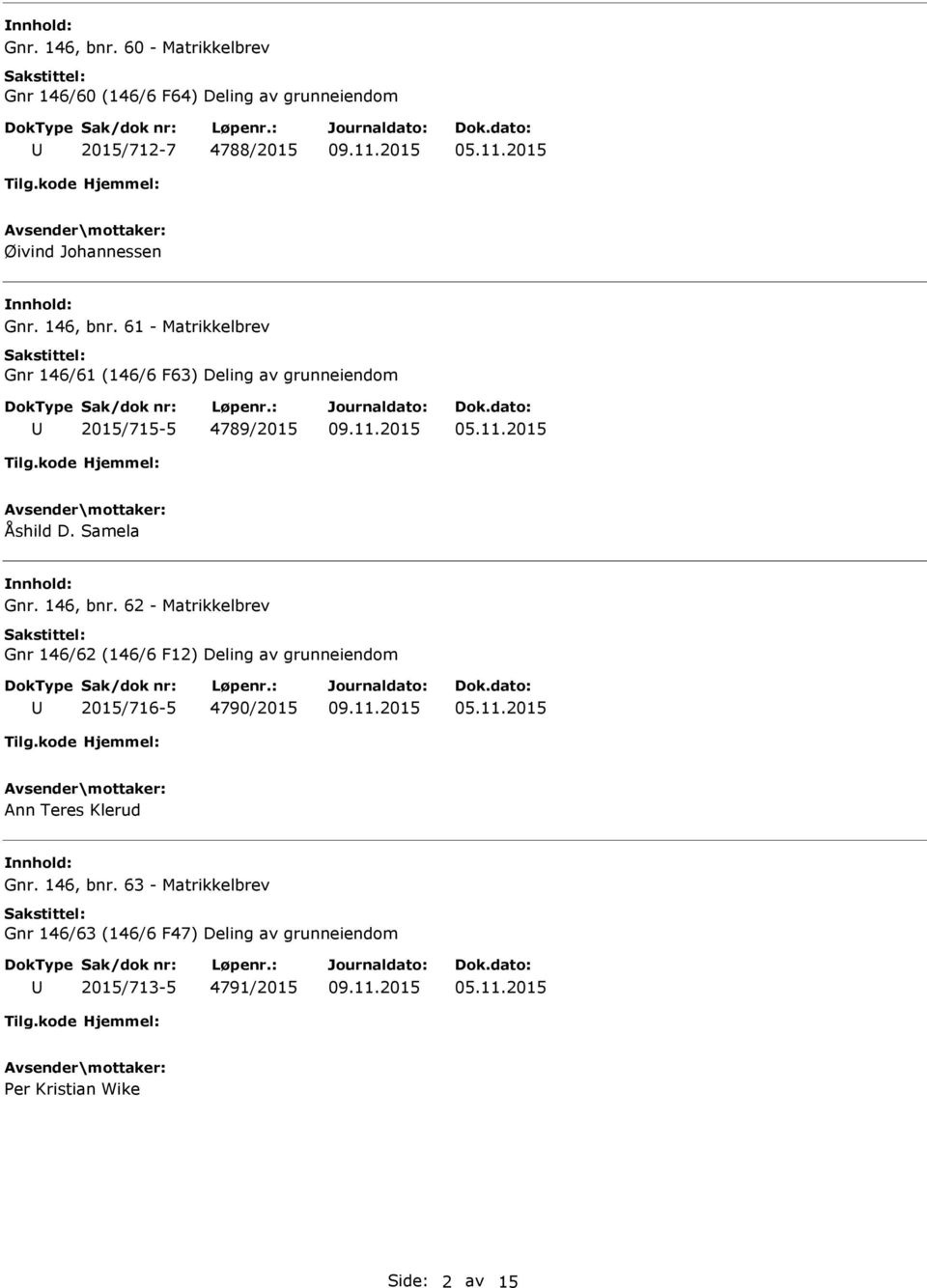 2015 Åshild D. Samela Gnr. 146, bnr. 62 - Matrikkelbrev Gnr 146/62 (146/6 F12) Deling av grunneiendom 2015/716-5 4790/2015 05.11.