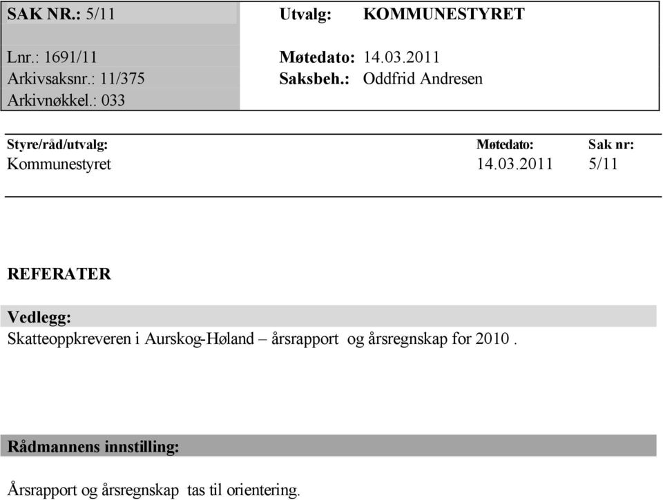 : 033 Styre/råd/utvalg: Møtedato: Sak nr: Kommunestyret 14.03.2011 5/11 REFERATER Vedlegg: