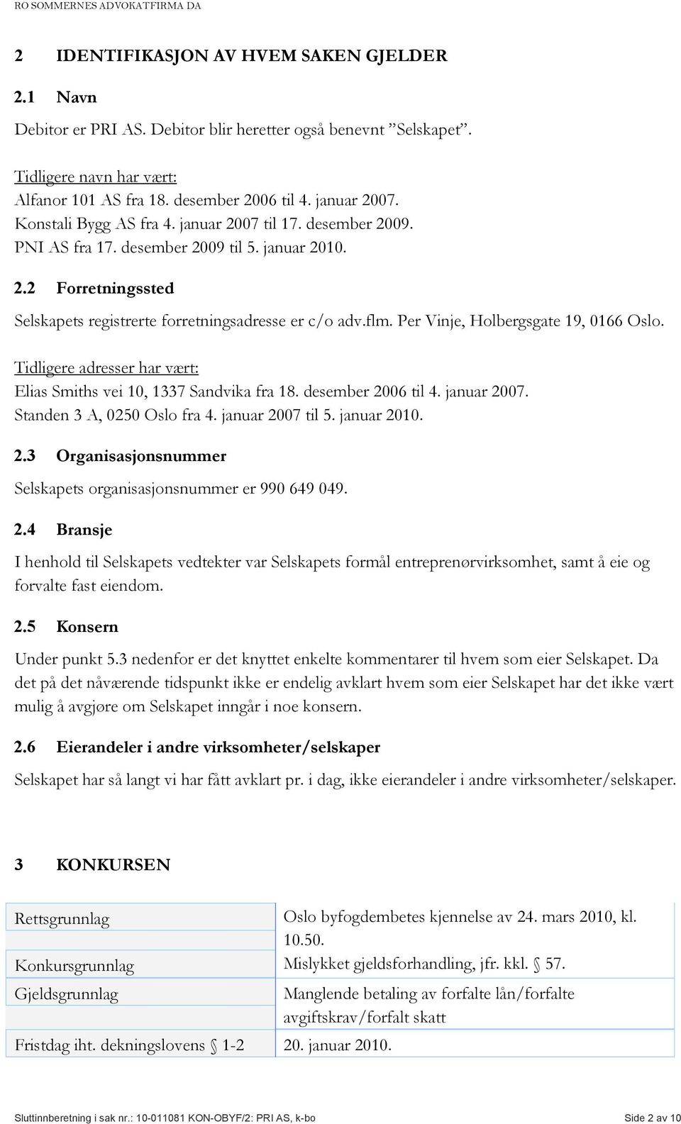 Per Vinje, Holbergsgate 19, 0166 Oslo. Tidligere adresser har vært: Elias Smiths vei 10, 1337 Sandvika fra 18. desember 2006 til 4. januar 2007. Standen 3 A, 0250 Oslo fra 4. januar 2007 til 5.