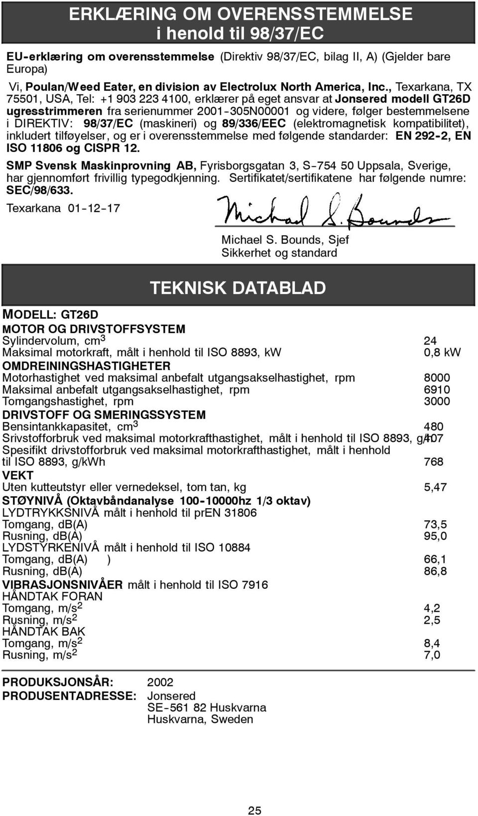 , Texarkana, TX 75501, USA, Tel: +1 903 223 4100, erklærer på eget ansvar at Jonsered modell GT26D ugresstrimmeren fra serienummer 2001--305N00001 og videre, følger bestemmelsene idirektiv: 98/37/EC