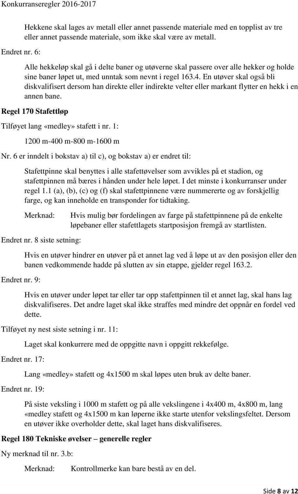 En utøver skal også bli diskvalifisert dersom han direkte eller indirekte velter eller markant flytter en hekk i en annen bane. Regel 170 Stafettløp Tilføyet lang «medley» stafett i nr.