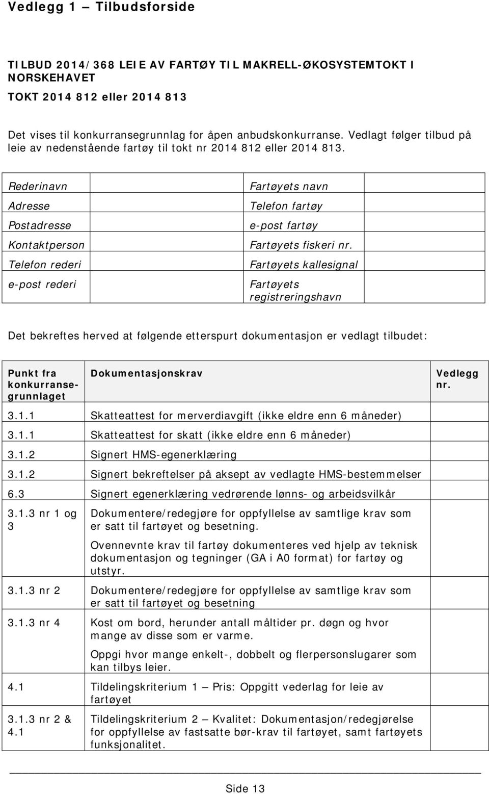 Rederinavn Adresse Postadresse Kontaktperson Telefon rederi e-post rederi Fartøyets navn Telefon fartøy e-post fartøy Fartøyets fiskeri nr.