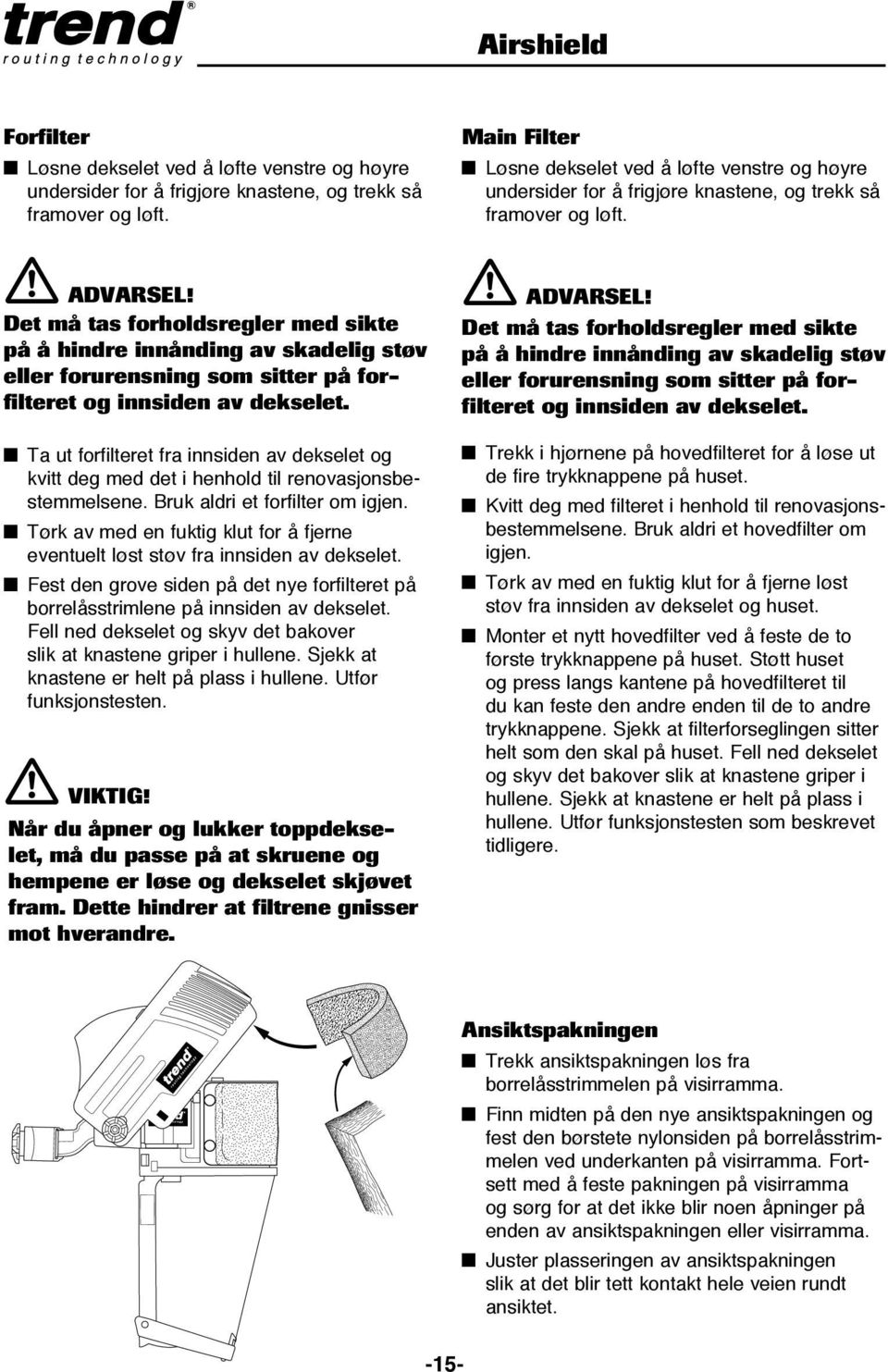 Det må tas forholdsregler med sikte på å hindre innånding av skadelig støv eller forurensning som sitter på forfilteret og innsiden av dekselet.