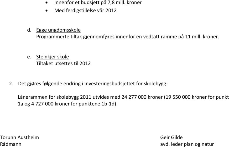 Det gjøres følgende endring i investeringsbudsjettet for skolebygg: Lånerammen for skolebygg 2011 utvides med 24 277