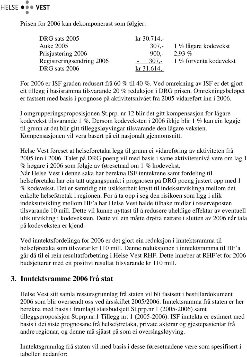 614,- For 2006 er ISF graden redusert frå 60 % til 40 %. Ved omrekning av ISF er det gjort eit tillegg i basisramma tilsvarande 20 % reduksjon i DRG prisen.