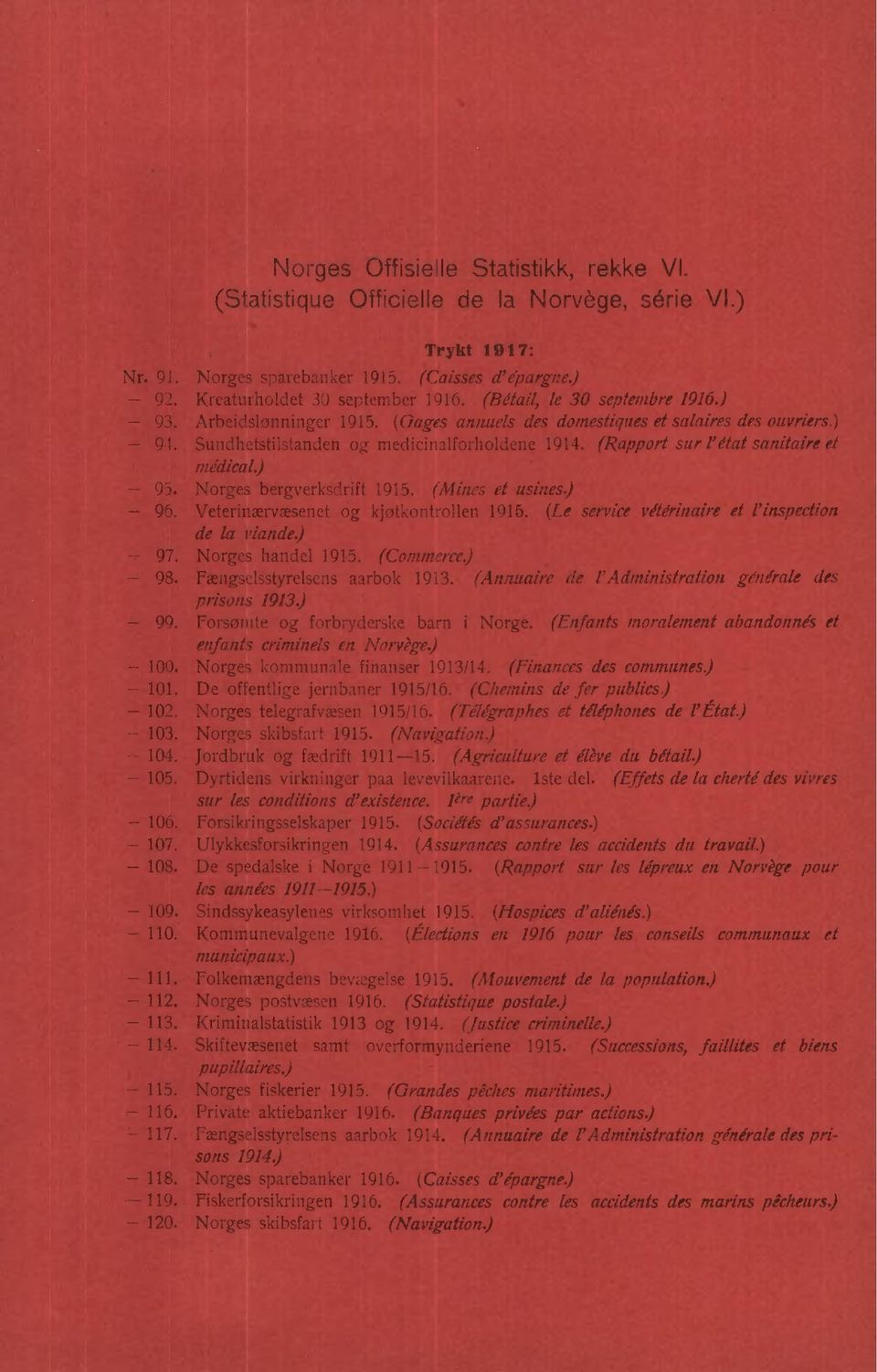 (Rapport sur re/at sanitaire el me'dical.) - 95. Norges bergverksdrift 1915. (Mines et usines) - 96. Veterinærvæsenet og kjøtkontrollen 1915. (Le service vétérinaire et l' inspection de la viande) 97.