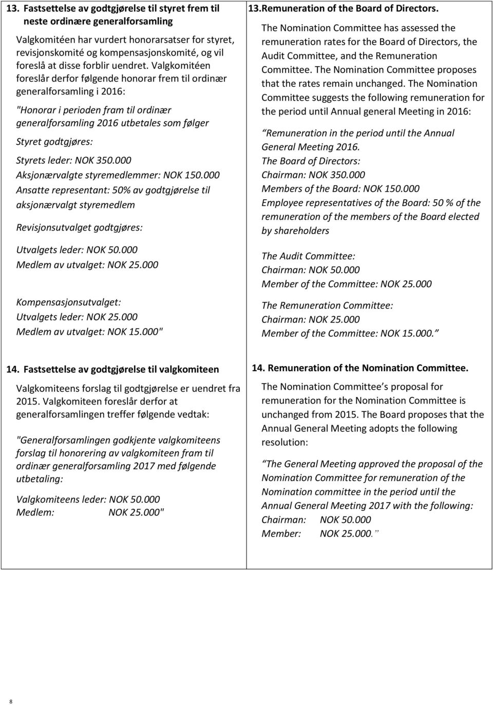 Valgkomitéen foreslår derfor følgende honorar frem til ordinær generalforsamling i 2016: "Honorar i perioden fram til ordinær generalforsamling 2016 utbetales som følger Styret godtgjøres: Styrets