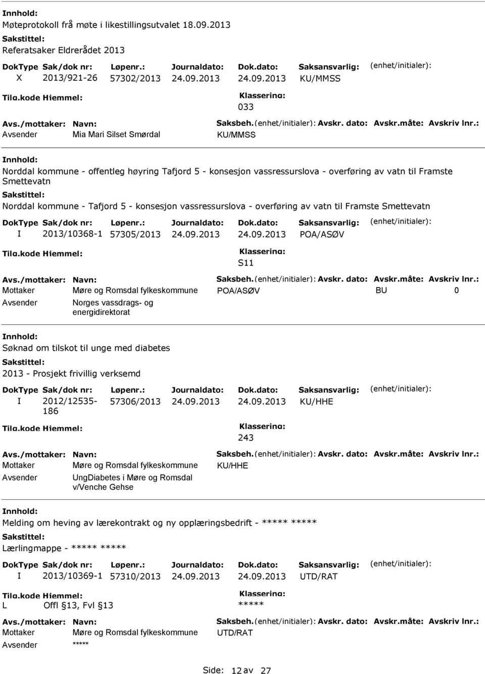 - overføring av vatn til Framste Smettevatn 2013/10368-1 57305/2013 POA/ASØV S11 Avs./mottaker: Navn: Saksbeh. Avskr. dato: Avskr.måte: Avskriv lnr.