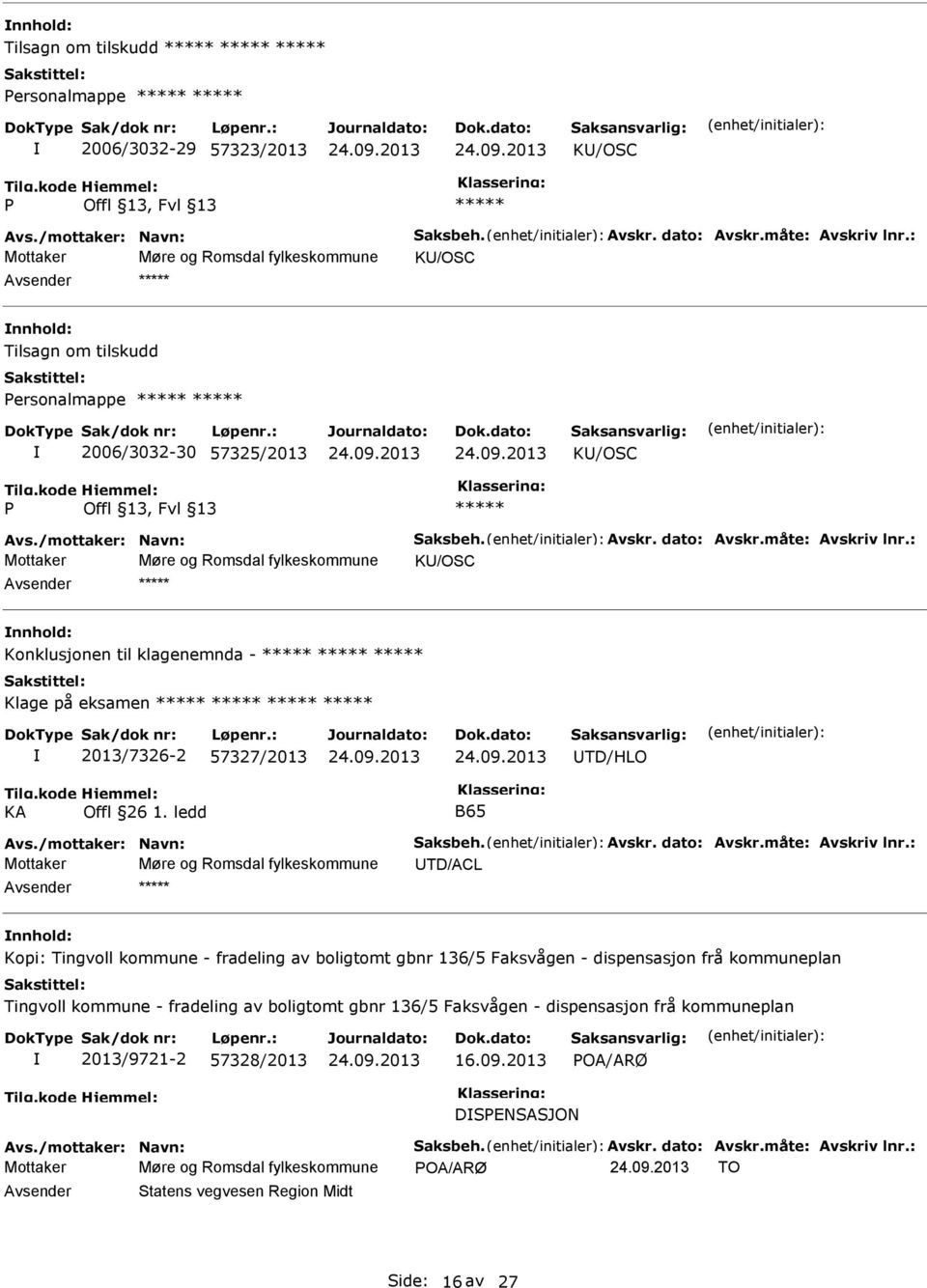 : Mottaker Møre og Romsdal fylkeskommune K/OSC Konklusjonen til klagenemnda - Klage på eksamen 2013/7326-2 57327/2013 TD/HLO KA Offl 26 1. ledd B65 Avs./mottaker: Navn: Saksbeh. Avskr. dato: Avskr.