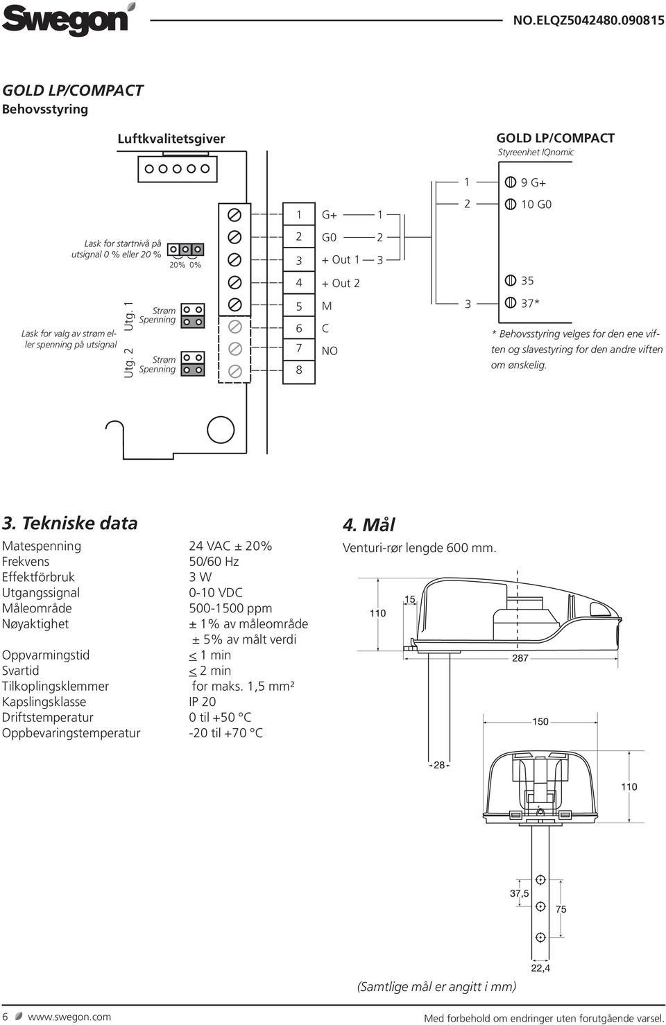 . Tekniske data atespenning 4 VA ± 0% Frekvens 0/0 Hz Effektförbruk W Utgangssignal 0-0 VD åleområde 00-00 ppm Nøyaktighet ± % av måleområde ± % av målt verdi Oppvarmingstid <