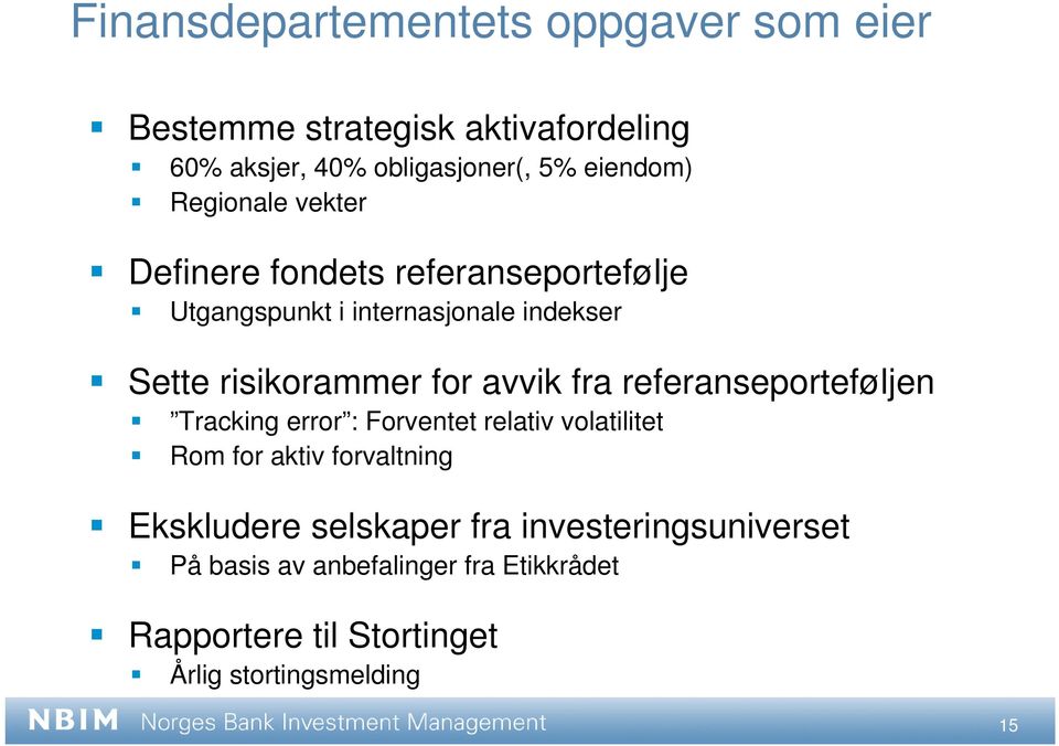 avvik fra referanseporteføljen Tracking error : Forventet relativ volatilitet Rom for aktiv forvaltning Ekskludere