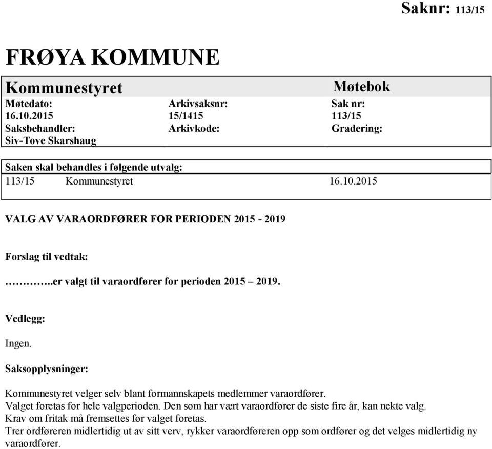 2015 VALG AV VARAORDFØRER FOR PERIODEN 2015-2019 Forslag til vedtak:..er valgt til varaordfører for perioden 2015 2019. Vedlegg: Ingen.