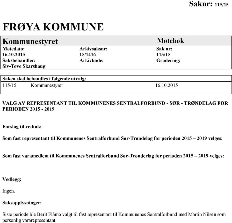 2015 VALG AV REPRESENTANT TIL KOMMUNENES SENTRALFORBUND - SØR - TRØNDELAG FOR PERIODEN 2015-2019 Forslag til vedtak: Som fast representant til Kommunenes Sentralforbund