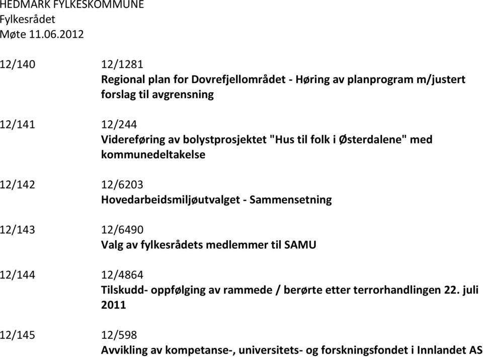 - Sammensetning 12/143 12/6490 Valg av fylkesrådets medlemmer til SAMU 12/144 12/4864 Tilskudd- oppfølging av rammede /