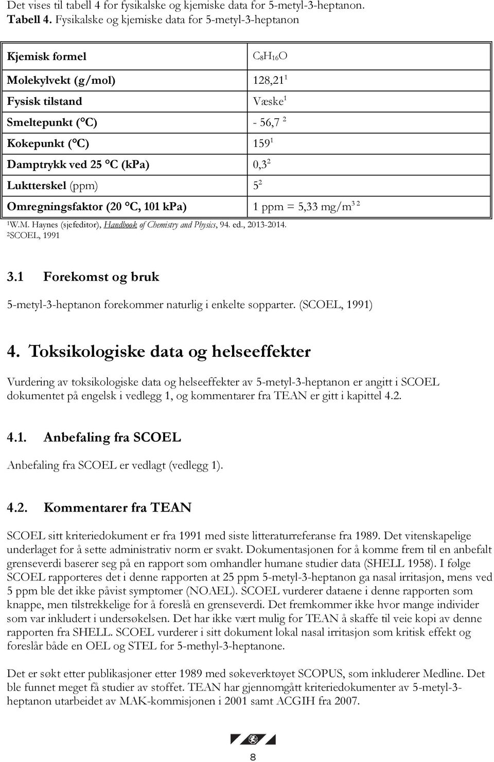 (kpa) 0,3 2 Luktterskel (ppm) 5 2 Omregningsfaktor (20 C, 101 kpa) 1 ppm = 5,33 mg/m 3 2 1W.M. Haynes (sjefeditor), Handbook of Chemistry and Physics, 94. ed., 2013-2014. 2SCOEL, 1991 3.