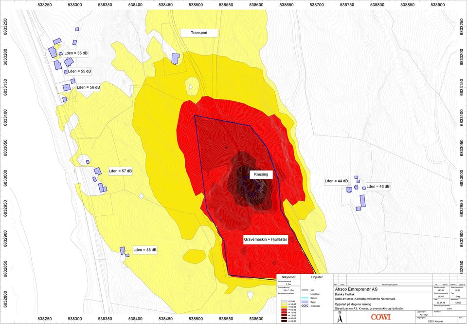 Ahsco Entreprenør AS Saksbehandler Brekka Fjelltak Uttak av stein, Kartdata mottatt fra Norconsult. Oppdragsansvarlig Sidem.k. KJBI Fag Støy Målestokk 20.04.