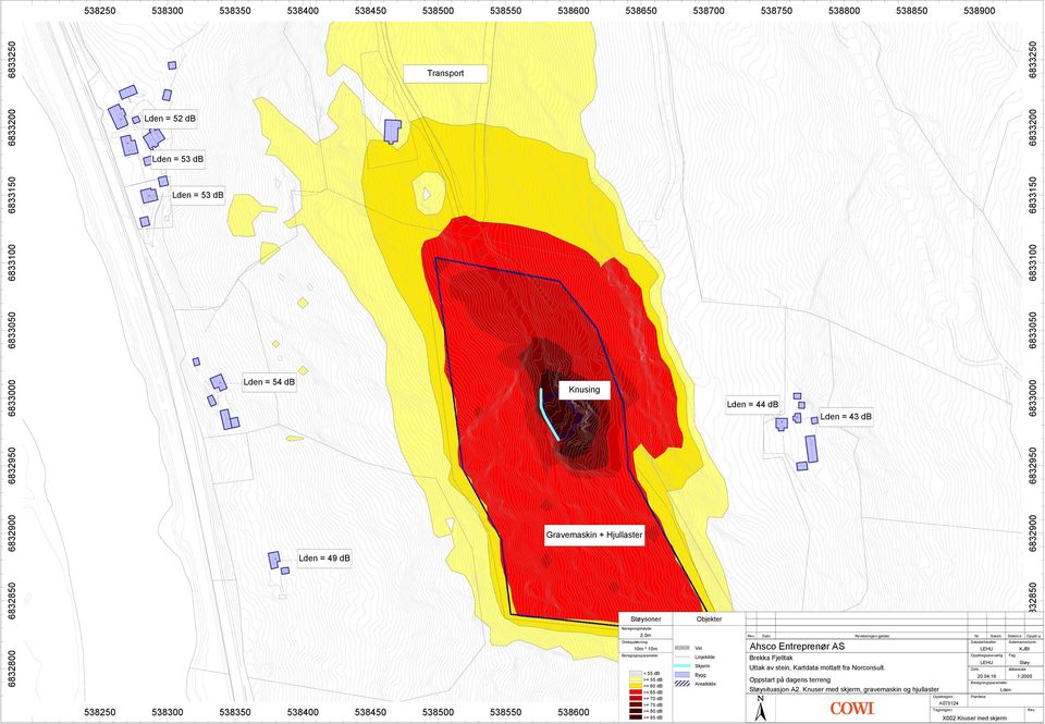 Ahsco Entreprenør AS Saksbehandler Brekka Fjelltak Uttak av stein, Kartdata mottatt fra Norconsult. Oppdragsansvarlig Sidem.k. KJBI Fag Støy Målestokk 20.04.