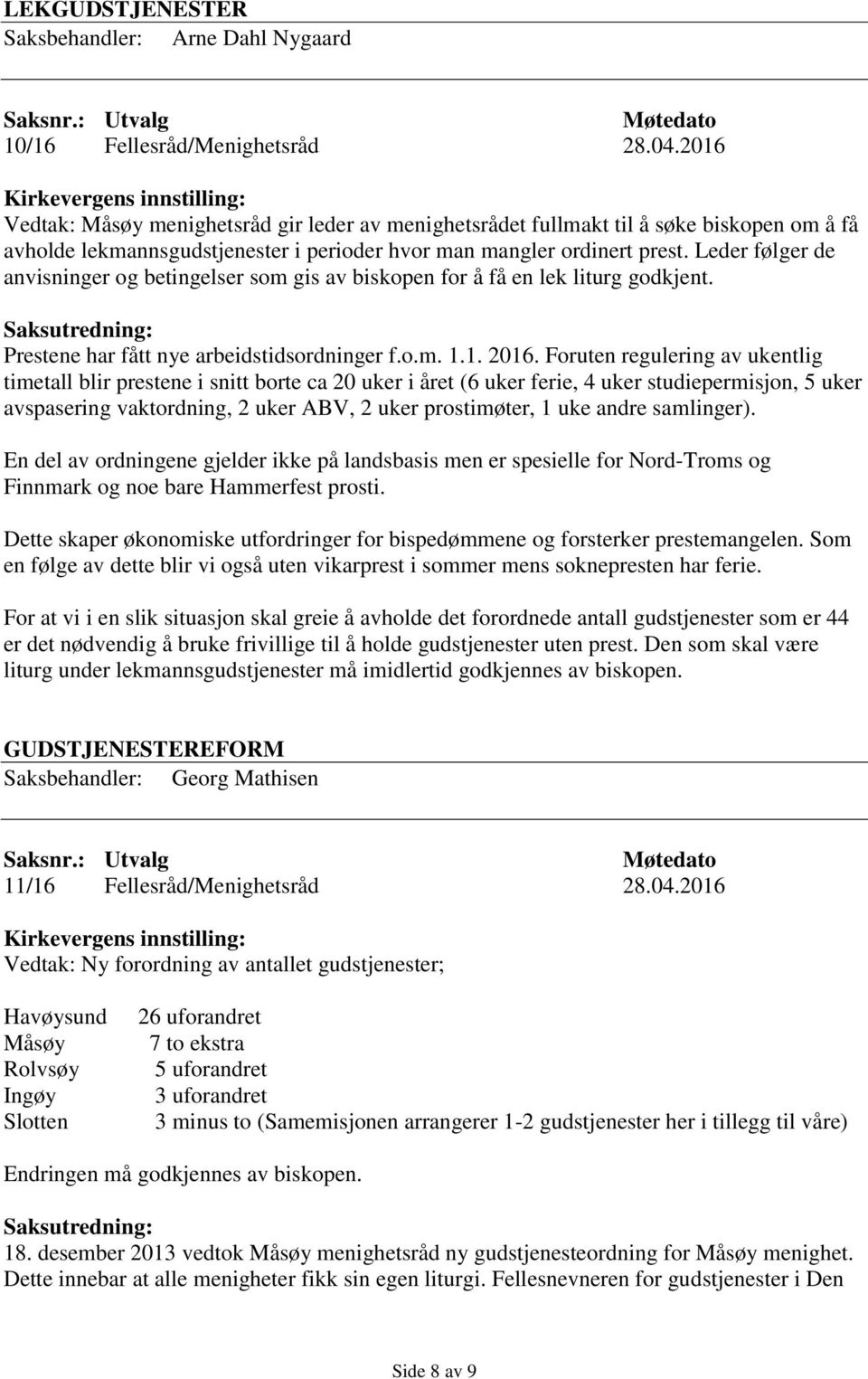 Leder følger de anvisninger og betingelser som gis av biskopen for å få en lek liturg godkjent. Prestene har fått nye arbeidstidsordninger f.o.m. 1.1. 2016.