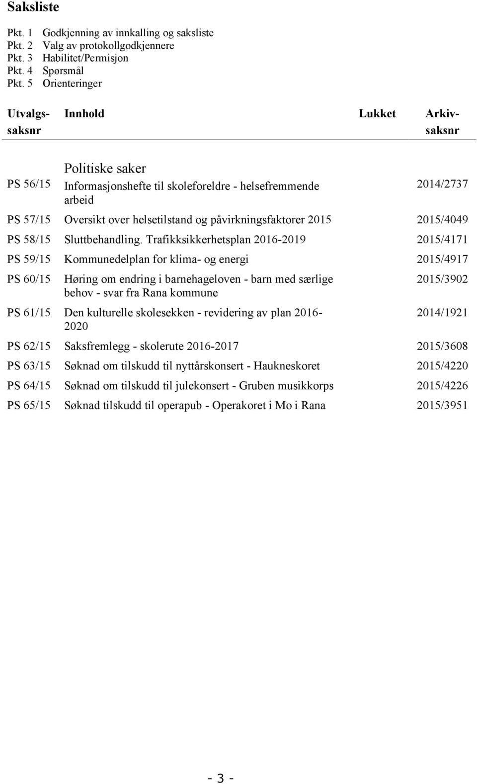 til skoleforeldre - helsefremmende arbeid 2014/2737 PS 57/15 Oversikt over helsetilstand og påvirkningsfaktorer 2015 2015/4049 PS 58/15 Sluttbehandling.