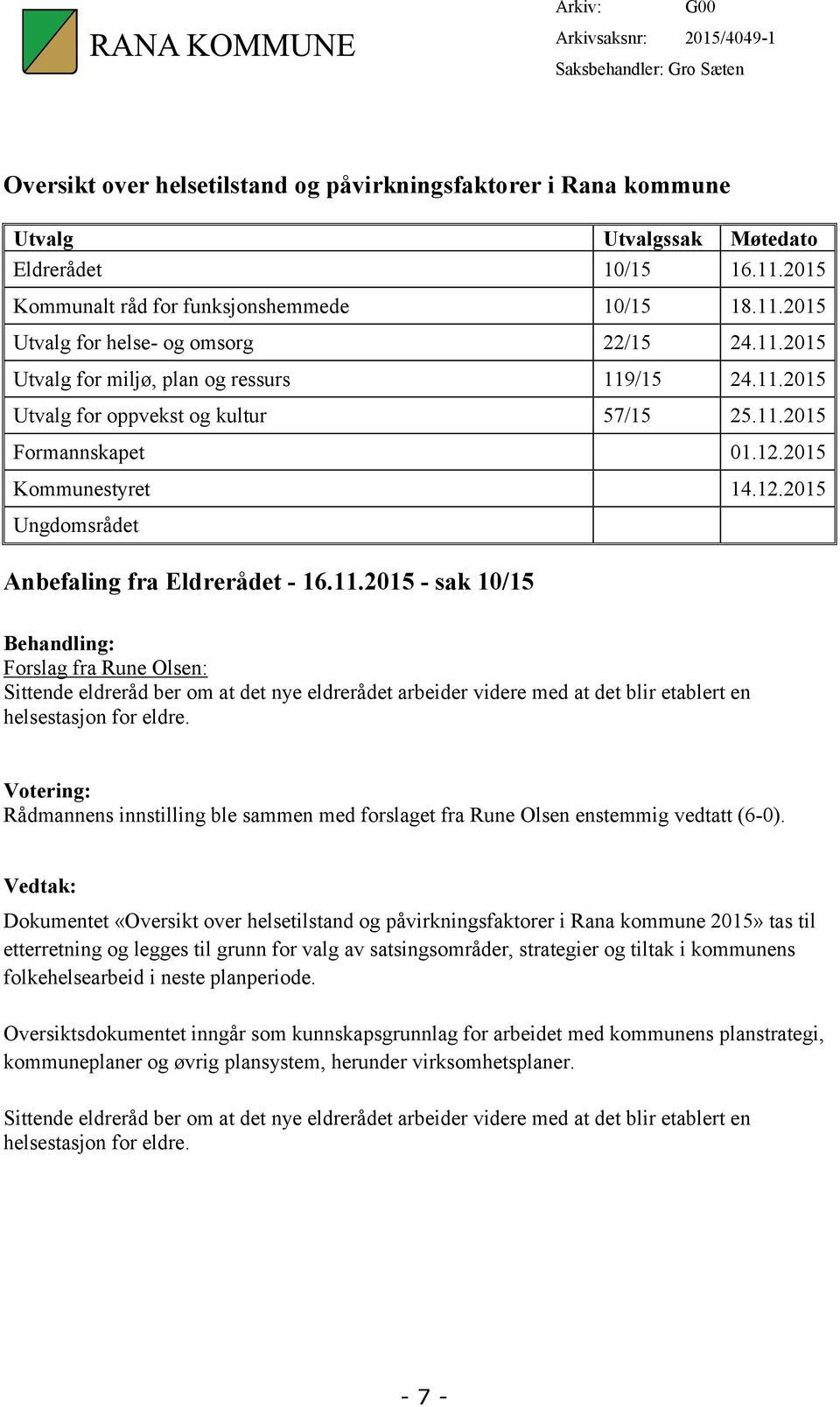 12.2015 Kommunestyret 14.12.2015 Ungdomsrådet Anbefaling fra Eldrerådet - 16.11.
