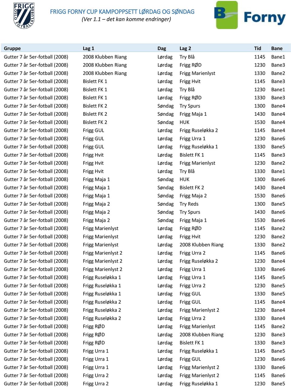 5er-fotball (2008) Bislett FK 1 Lørdag Frigg RØD 1330 Bane3 Gutter 7 år 5er-fotball (2008) Bislett FK 2 Søndag Try Spurs 1300 Bane4 Gutter 7 år 5er-fotball (2008) Bislett FK 2 Søndag Frigg Maja 1