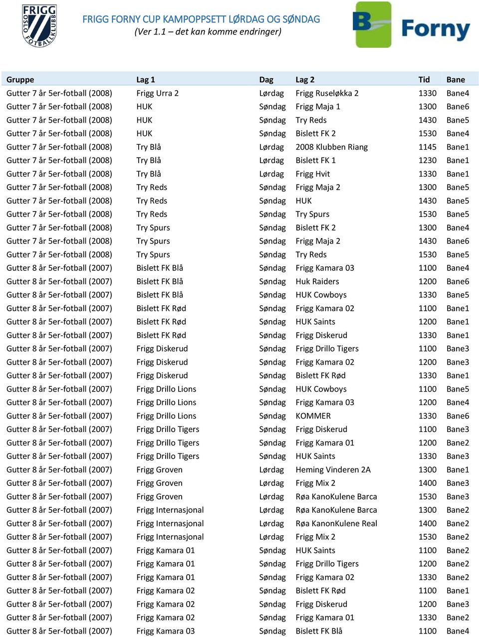 Bislett FK 1 1230 Bane1 Gutter 7 år 5er-fotball (2008) Try Blå Lørdag Frigg Hvit 1330 Bane1 Gutter 7 år 5er-fotball (2008) Try Reds Søndag Frigg Maja 2 1300 Bane5 Gutter 7 år 5er-fotball (2008) Try
