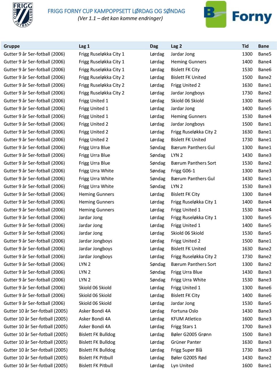Ruseløkka City 2 Lørdag Frigg United 2 1630 Bane1 Gutter 9 år 5er-fotball (2006) Frigg Ruseløkka City 2 Lørdag Jardar Jongboys 1730 Bane2 Gutter 9 år 5er-fotball (2006) Frigg United 1 Lørdag Skiold