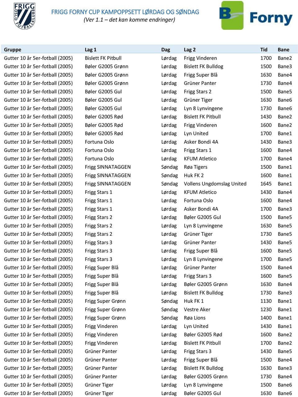 Frigg Stars 2 1500 Bane5 Gutter 10 år 5er-fotball (2005) Bøler G2005 Gul Lørdag Grüner Tiger 1630 Bane6 Gutter 10 år 5er-fotball (2005) Bøler G2005 Gul Lørdag Lyn 8 Lynvingene 1730 Bane6 Gutter 10 år