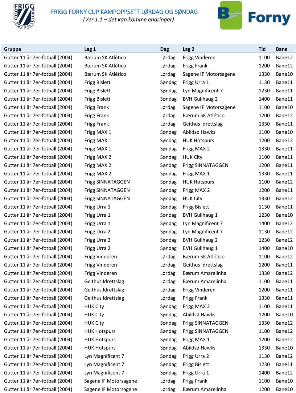 Magnificent 7 1230 Bane11 Gutter 11 år 7er-fotball (2004) Frigg Bislett Søndag BVH Gullhaug 2 1400 Bane11 Gutter 11 år 7er-fotball (2004) Frigg Frank Lørdag Sagene IF Motorsagene 1100 Bane10 Gutter