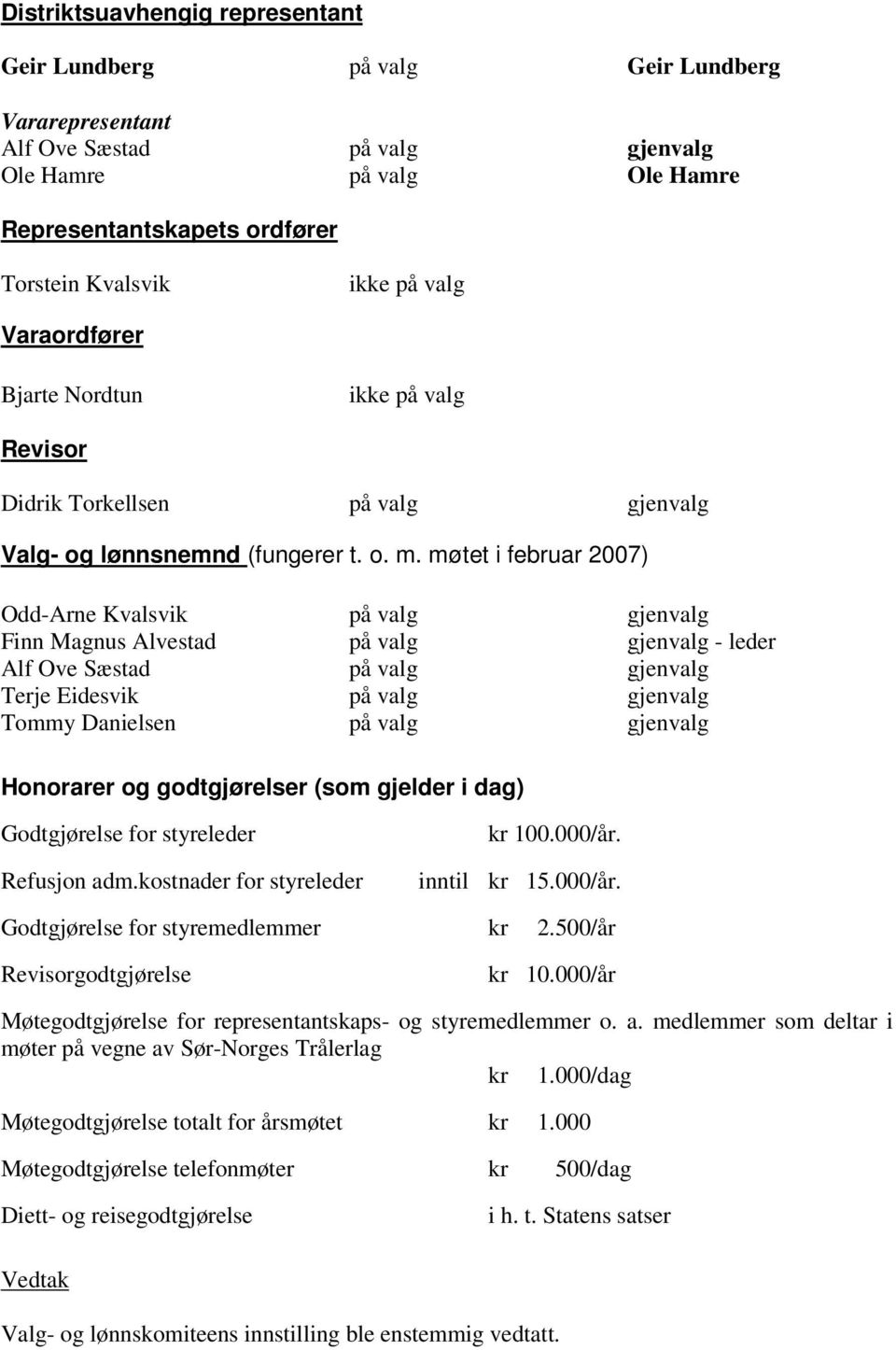 møtet i februar 2007) Odd-Arne Kvalsvik på valg gjenvalg Finn Magnus Alvestad på valg gjenvalg - leder Alf Ove Sæstad på valg gjenvalg Terje Eidesvik på valg gjenvalg Tommy Danielsen på valg gjenvalg