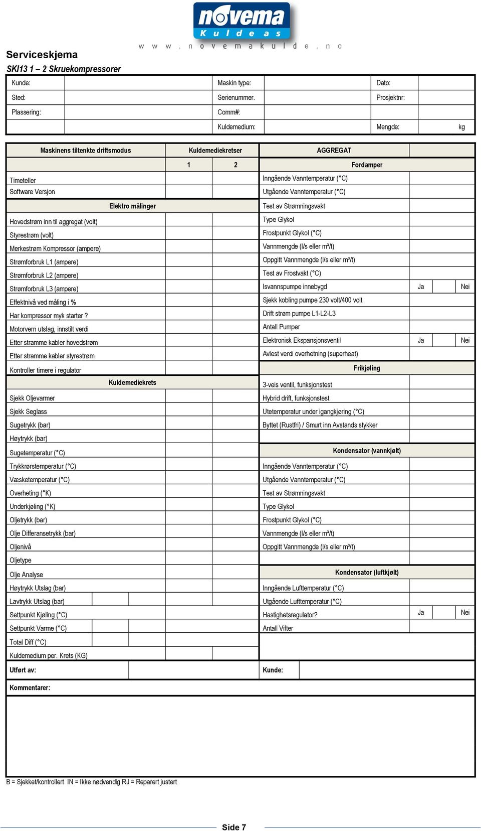 Vanntemperatur ( C) Elektro målinger Test av Strømningsvakt Hovedstrøm inn til aggregat (volt) Type Glykol Styrestrøm (volt) Frostpunkt Glykol ( C) Merkestrøm Kompressor (ampere) Vannmengde (l/s