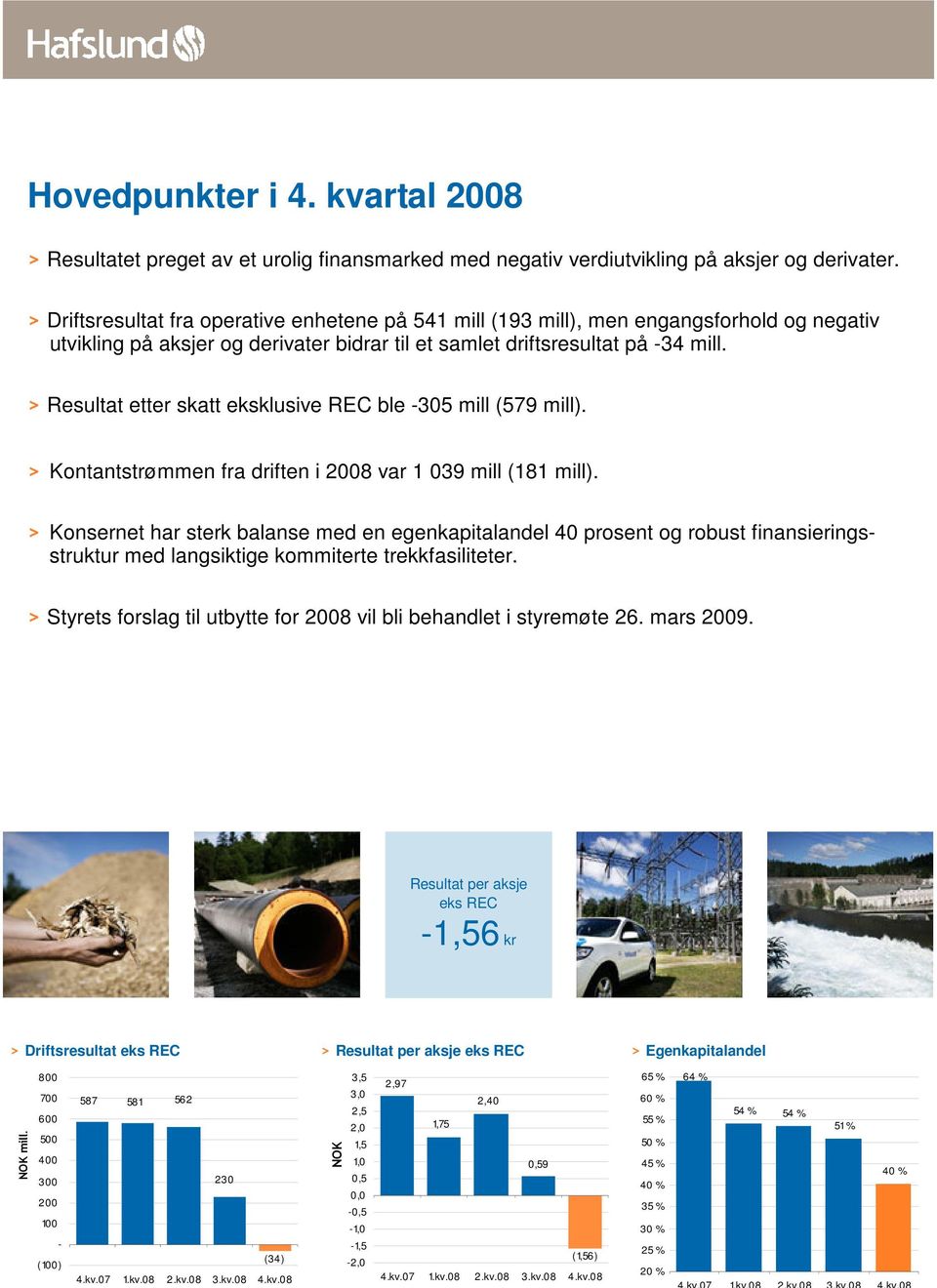 > Resultat etter skatt eksklusive REC ble -305 mill (579 mill). > Kontantstrømmen fra driften i 2008 var 1 039 mill (181 mill).