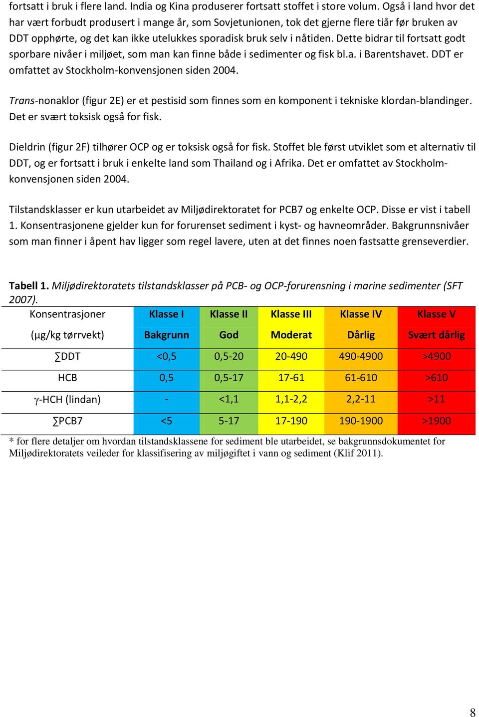 Dette bidrar til fortsatt godt sporbare nivåer i miljøet, som man kan finne både i sedimenter og fisk bl.a. i Barentshavet. DDT er omfattet av Stockholm-konvensjonen siden 2004.