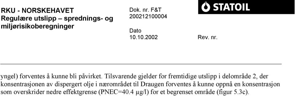 dispergert olje i nærområdet til Draugen forventes å kunne oppnå en konsentrasjon