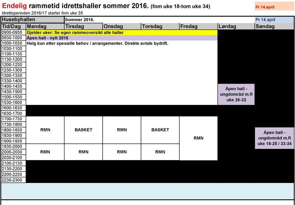 april Tid/Dag Mandag Tirsdag Onsdag Torsdag Fredag Lørdag Søndag Gjelder uker: Se egen rammeoversikt alle haller Åpen