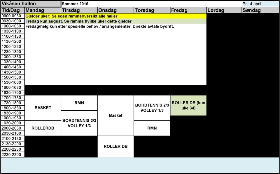 uker: Se egen rammeoversikt alle haller Fredag kun august.