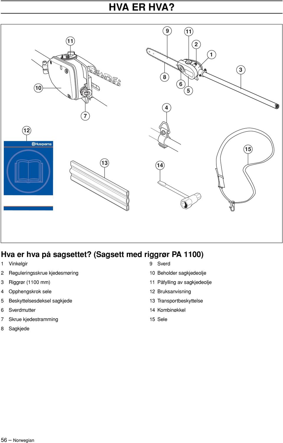 sagkjedeolje 3 Riggrør (1100 mm) 11 Påfylling av sagkjedeolje 4 Opphengskrok sele 12 Bruksanvisning 5