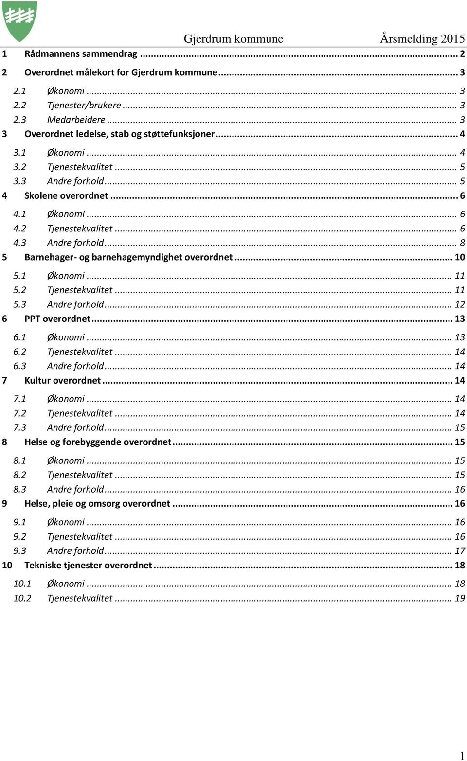 .. 10 5.1 Økonomi... 11 5.2 Tjenestekvalitet... 11 5.3 Andre forhold... 12 6 PPT overordnet... 13 6.1 Økonomi... 13 6.2 Tjenestekvalitet... 14 6.3 Andre forhold... 14 7 Kultur overordnet... 14 7.1 Økonomi... 14 7.2 Tjenestekvalitet... 14 7.3 Andre forhold... 15 8 Helse og forebyggende overordnet.